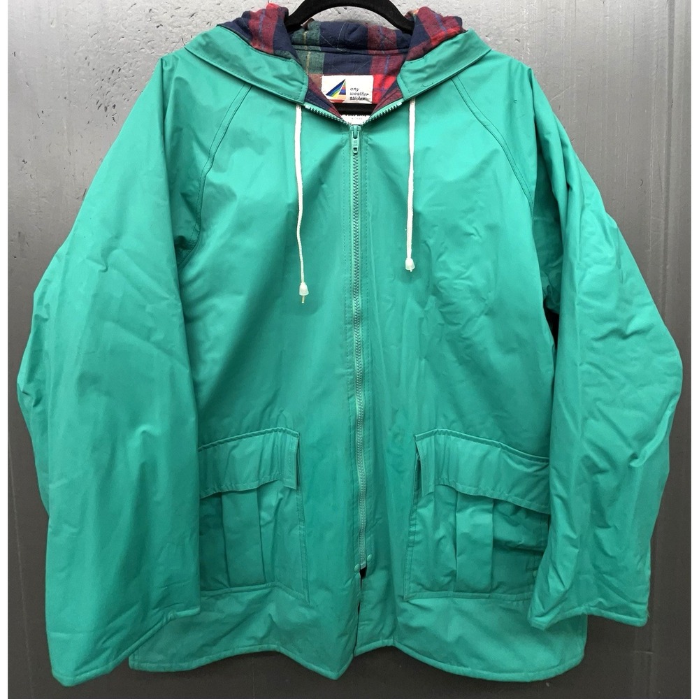 Vtg Misty Harbor PVC Rain Coat Men L Green Zip Pocket Lined Hood Outdoor Boating